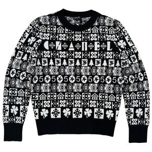 Chanel 19B Coco Neige Ski Black White CC Long Sleeve Cashmere Jumper Sweater 38
